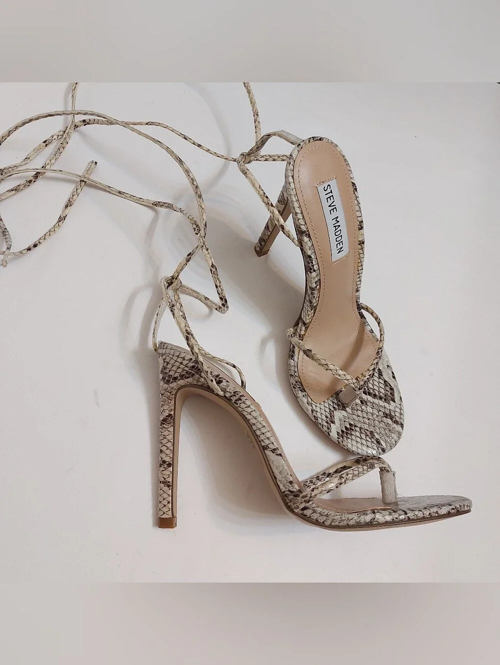 Steve Madden Snake-Print Lace-Up Stiletto Sandals in Beige